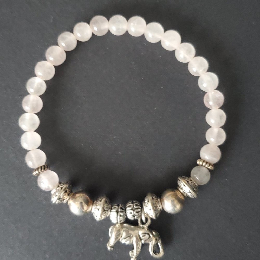 VTG Beaded Boho Bracelet + Elephant Charm Pink Quartz Beads & Rustic Silver